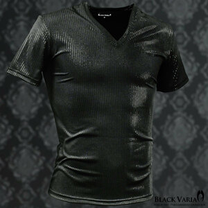9#193213-bkbk ブラックバリア ピンストライプ ラメ ストレッチ スリム 半袖 Vネック Tシャツ メンズ(黒・ライン黒) M ステージ衣装 インナ