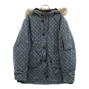 LOUIS VUITTON ルイヴィトン 17AW ×SUPREME LV JACQUARD DENIM N-3B デニムモノグラム コヨーテファー ミリタリーコート ブルー