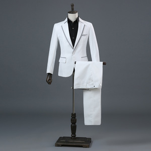 ST02-11f新品 上質 2点セット ホワイト(白)+グレーライン 3色の展開メンズ スーツセット タキシード上着 ズボンS M L-2XL演奏会舞台衣装