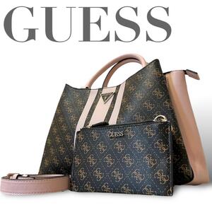 希少　GUESS　ゲス　トートバッグ　ショルダーバッグ　2WAY　総柄　ポーチ付き　プレート