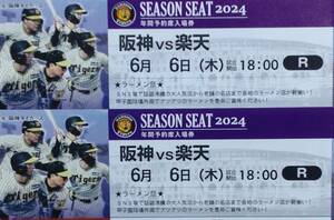 6月6日（木）阪神VS楽天　ライト外野指定席ペア　　　中止返金保証