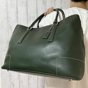 極美品/希少色●コーチCOACH トートバッグ メンズ ブリーフケース ハンドバッグ 肩掛け ビジネス A4 PC収納可 レザー 本革 緑 グリーン 