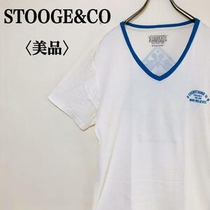 2303-0664 STOOGE & GO Vネック バックプリント 半袖 Tシャツ ブルー系 コットン100% メンズ XL オシャレ カッコいい