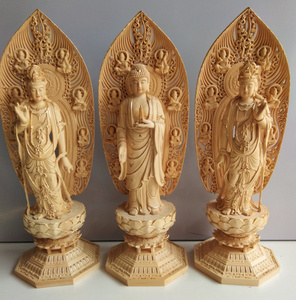 薬師三尊 三聖 仏像立像 木製仏像仏教美術品 黄楊 仏陀彫刻 