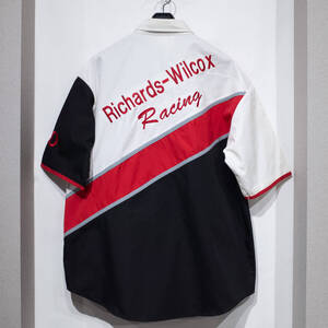 【カナダ製】L / AVON SPORTSWEAR コットンポリ B.D 半袖 ワークシャツ レーシングシャツ エポレット 刺繍 白 赤 黒 WILCOX RACING