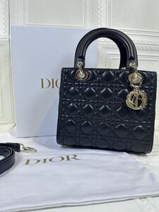 ディオール Christian Dior Lady Dior エナメルカウレザー レディ・ディオールバッグ ハンドバッグ ラタンチェックパターン ブラック