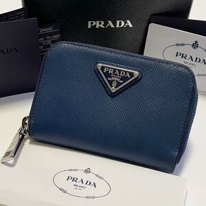 ★PRADA プラダ トライアングル コインケース ミニ財布 ラウンドファスナー 財布 サフィアーノ ネイビーブルー系【鑑定済み 本物保証】