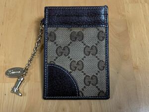 値下げ中 セール 中古 GUCCI グッチ 定期入れ GG柄キャンバス×レザー カードケース 茶色レザー パス入れ チャーム付き 送料無料 