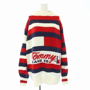 トミー TOMMY JEANS タイムレスフラッグボーダーセーター ニット ハイネック ロゴ 長袖 M 赤 レッド 白 ホワイト 紺 ネイビー レディース