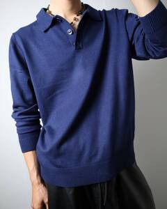 K91 Wool blend Vintage High gauge Knit Polo Shirt ウール 混紡 ハイゲージ 長袖 ニット ポロ シャツ 濃紺 青系 L