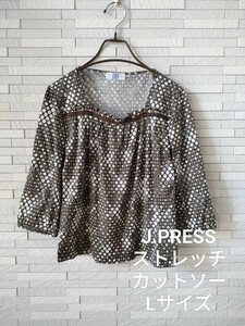 美品 J.PRESS ストレッチ 七分袖 総柄 ブラウス カットソー ブラウン L