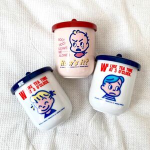 a38)OSAMU GOODS めおとYUNOMI 湯呑み ペア 1988 茶碗 3個 オサムグッズ ミスド Mister Donut 原田治 当時物 昭和 平成 レトロ