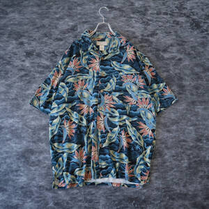 S221 00s BOCA CLASSICS Seagrass Pattern Cold Tone Silk ALOHA Shirt シルク シーグラス ボタニカル柄 アロハシャツ L