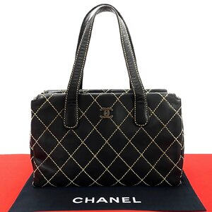 極 美品 シール有 6番台 CHANEL シャネル ワイルドステッチ ココマーク ラムスキン 本革 ハンドバッグ トートバッグ ブラック 147-5