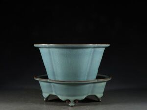 古びた蔵『宋 鈞窯 陶磁器 天藍釉海棠形花盆』陶芸 染付 置物 擺件 賞物 古美術 骨董 中国古玩