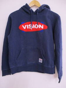 ☆2104【送料無料】VISION STREET WEAR ヴィジョンストリートウェア メンズ スウェット パーカー M ネイビー サガラ刺繍 綿100％ 古着