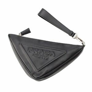 【プラダ】Prada　トライアングル 三角ロゴ レザー クラッチ ポーチ セカンドバッグ 1NE039 ブラック 【中古】【正規品保証】210913