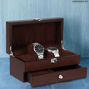 収納性抜群! ウォッチケース 腕時計 4本収納 木製 ブラウン 2層 アクセサリー コレクション 高級 収納 ボックス ウッド ケース 腕時計