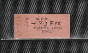 国鉄大阪印刷 伊勢大井→小児専用70円区間 赤地紋 硬券乗車券 未使用券 無人化駅