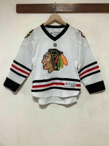 せ1459 NHL シカゴ・ブラックホークス ゲームシャツ ホッケーシャツ S/M キッズ Reebok プリント ホワイト コロンビア製