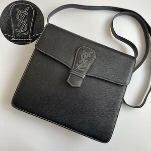 【極美品】YVES SAINT LAURENT イヴサンローラン ショルダーバッグ クロスボディ YSL ステッチ レザー 黒 ロゴプレート