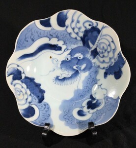 古伊万里 染付 雲龍図 22cm 輪花 中皿 江戸後期 b-14a3006-c