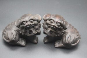 【海】紫檀木彫　獅子一対　中国古美術品　骨董品