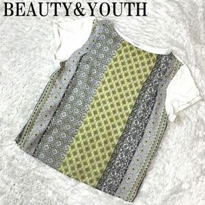 BEAUTY&YOUTH 切り替えカットソー 総柄 UNITED ARROWS ユナイテッドアローズ ビューティアンドユースイエロー グレー B6281