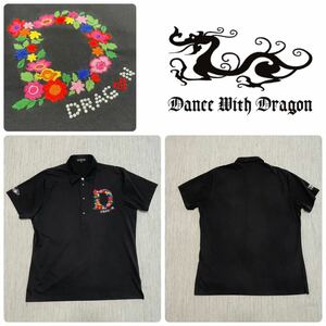 Dance With Dragon ダンス ウィズ ドラゴン ボタニカル ラインストーン ロゴ 刺繍 半袖 ポロ シャツ GOLF ゴルフ ウェア 4 大きいサイズ 黒