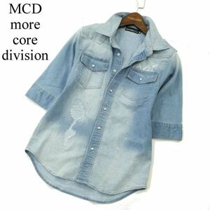 MCD more core division エムシーディー ロゴ刺繍★ リペア加工 ストレッチ 5分袖 ウエスタン デニム シャツ Sz.S　メンズ　A3T08867_7#A