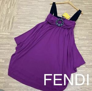 99 未使用 正規品 FENDI フェンディ レーヨン　ノースリーブ　ドレス ワンピース ストーン装飾 ジャンパースカート パーティー 0630F