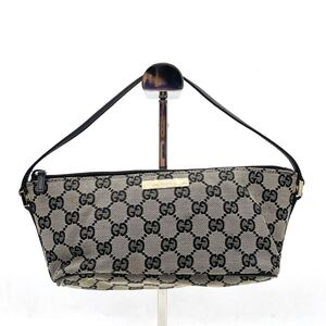 1円 GUCCI グッチ GGキャンバス レザー ブラック アクセサリーポーチ ハンドバッグ ゴールド金具 039 1103