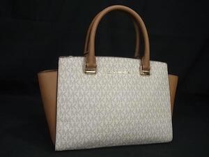 1円 ■美品■ MICHAEL KORS マイケルコース MK柄 PVC×レザー トートバッグ ハンドバッグ レディース アイボリー系×ブラウン系 BI7065