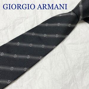 GIORGIO ARMANI ジョルジオアルマーニ　ネクタイ　レジメンタルストライプ　ロゴ総柄　シルク100% イタリア製　ブラック×シルバー