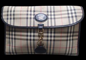 KYM983 BURBERRY (バーバリー) ロゴ チェック ポーチ クラッチバッグ キャンバス/レザー ユニセックス 38.7 × 26.2 汚れあり