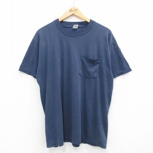 XL/古着 フルーツオブザルーム 半袖 ビンテージ Tシャツ メンズ 90s 無地 胸ポケット付き クルーネック 紺 ネイビー 24aug10 中古