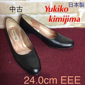 【売り切り!送料無料!】A-343 Yukiko Kimijima!パンプス!黒!ブラック!24.0cm EEE!太めヒール!冠婚葬祭!ビジネス!仕事!普段履き!中古