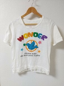 WONDER Tシャツ L 縫い付け 刺繍クローバー 両面プリント フラワー ハト ピースマーク 
