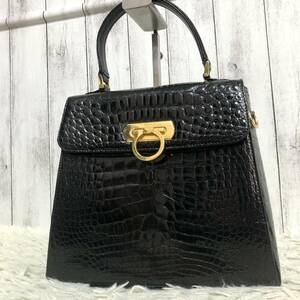 極美品/入手困難●フェラガモ Salvatore Ferragamo ハンドバッグ ガンチーニ 金具 クロコダイル レザー ワニ革 エキゾチック 黒 ブラック