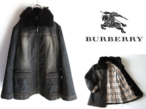 高級 BURBERRY LONDON バーバリー ロンドン ラビットファー/ノバチェック柄エコダウンライナー USED加工 ストレッチデニムジャケット 40