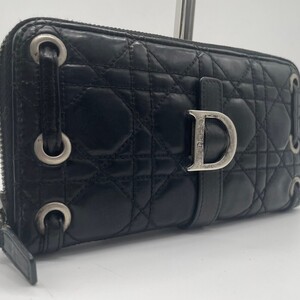 【希少品】クリスチャンディオール Christian Dior 長財布 ラウンドファスナー カナージュ キルティング レザー 本革 ブラック 黒 Dロゴ