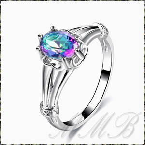 [RING] Silver Rainbow Fire Mystic Topaz Oval Cz 8mm レインボー ミスティック トパーズ CZ スリーライン シルバーリング 15号