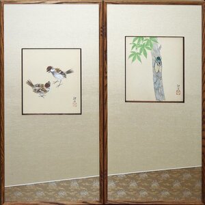 朝井観波　　屏風　　「すずめと蝉」　　　　　【正光画廊・5000点出品中・お好きな作品が見つかります】*