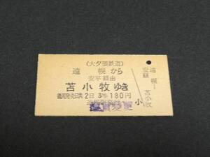 【大夕張鉄道】遠幌から苫小牧ゆき　3等180円　賃改印あり　A型　無日付