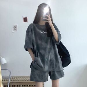 Ｔシャツ ハーフパンツ グレー M セットアップ タイダイ柄　レディース 上下セット 