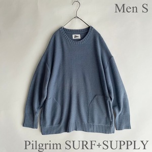 Pilgrim SURF+SUPLLY ピルグリム サーフ＋サプライ ミドルゲージ クルーネック ニット セーター サイドポケット付き ブルー size S sk 