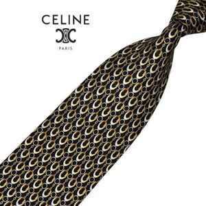 ★美品★馬具柄★高級ネクタイ★CELINE ブラック系 チェーン パターン柄 ワンポイントロゴ セリーヌ イタリア製 シルク USED プレス済み