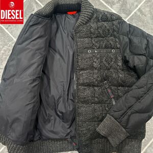 【極美品XL】DIESEL ディーゼル ニット切替 ダウンジャケット キルティング ケーブル編み 胸元ロゴ ダウングース90% グレー 【最高傑作】