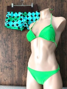 ss_3260y ★定形外 配送★ 3点セット 美品 ロキシー ROXY ショート ホット パンツ 付 セパレートハイカットビキニ水着 三角 黄緑 ドット M