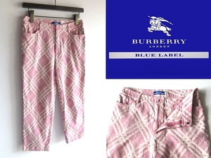 BURBERRY BLUE LABEL バーバリー ブルーレーベル ジャガード バイアスノバチェック柄 テーパード クロップド カプリ パンツ 38 ピンク 白